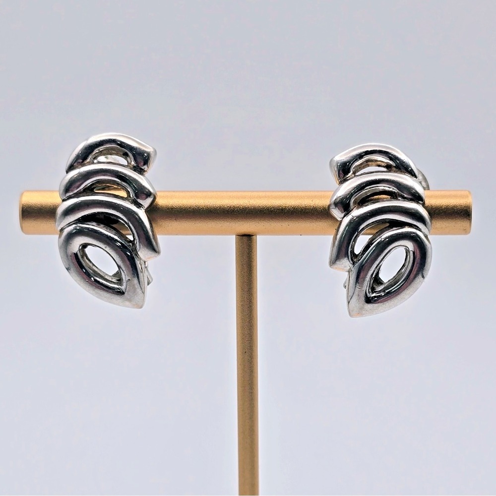 Signed Monet PAT'D Silver Tone Sculptural Clip Earrings Modernist Abstract